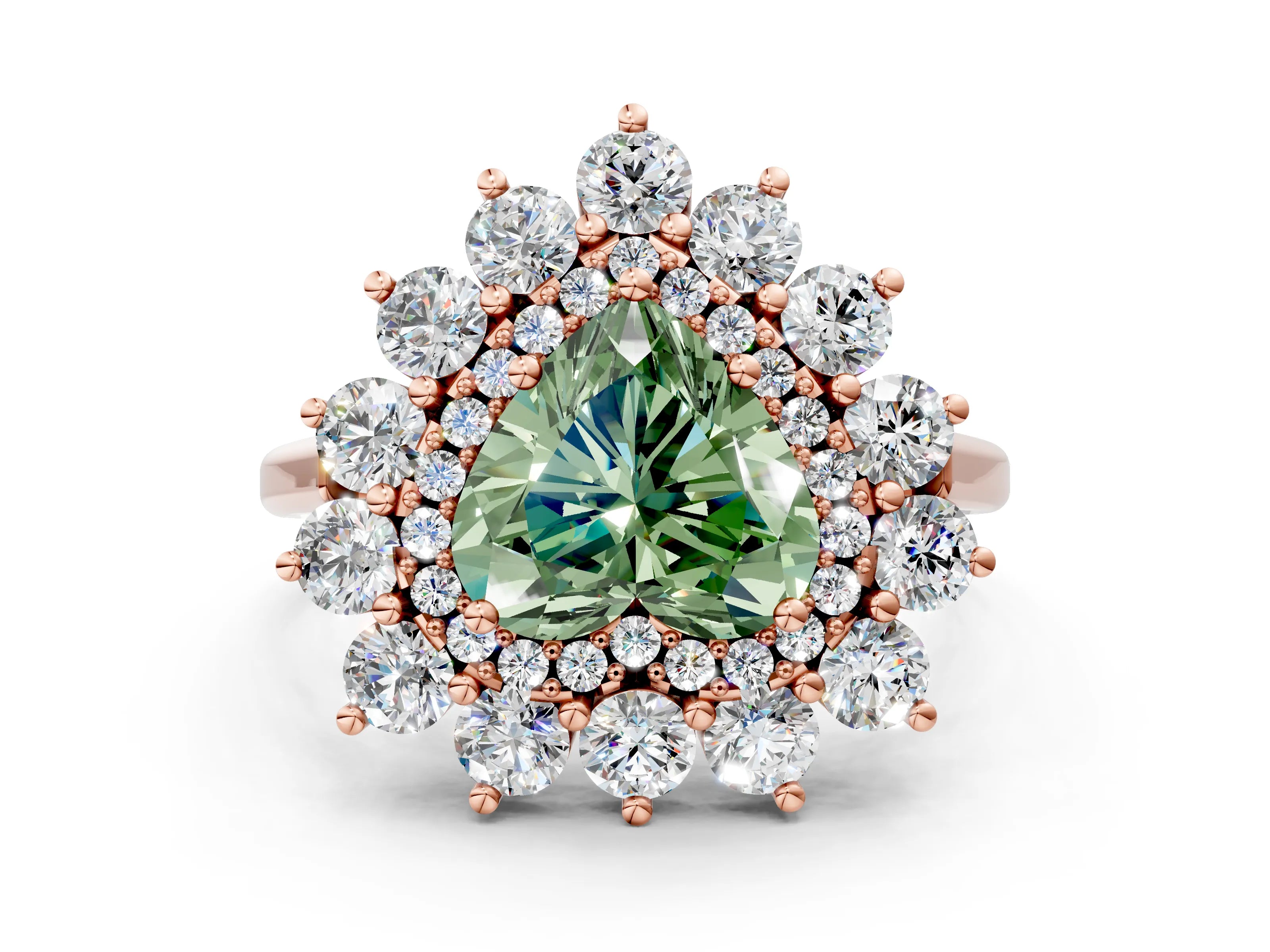 Rose gold Fancy Green Heart Cut Halo Cluster Diamond Ring with Pave Band and Four-Prong Setting_12