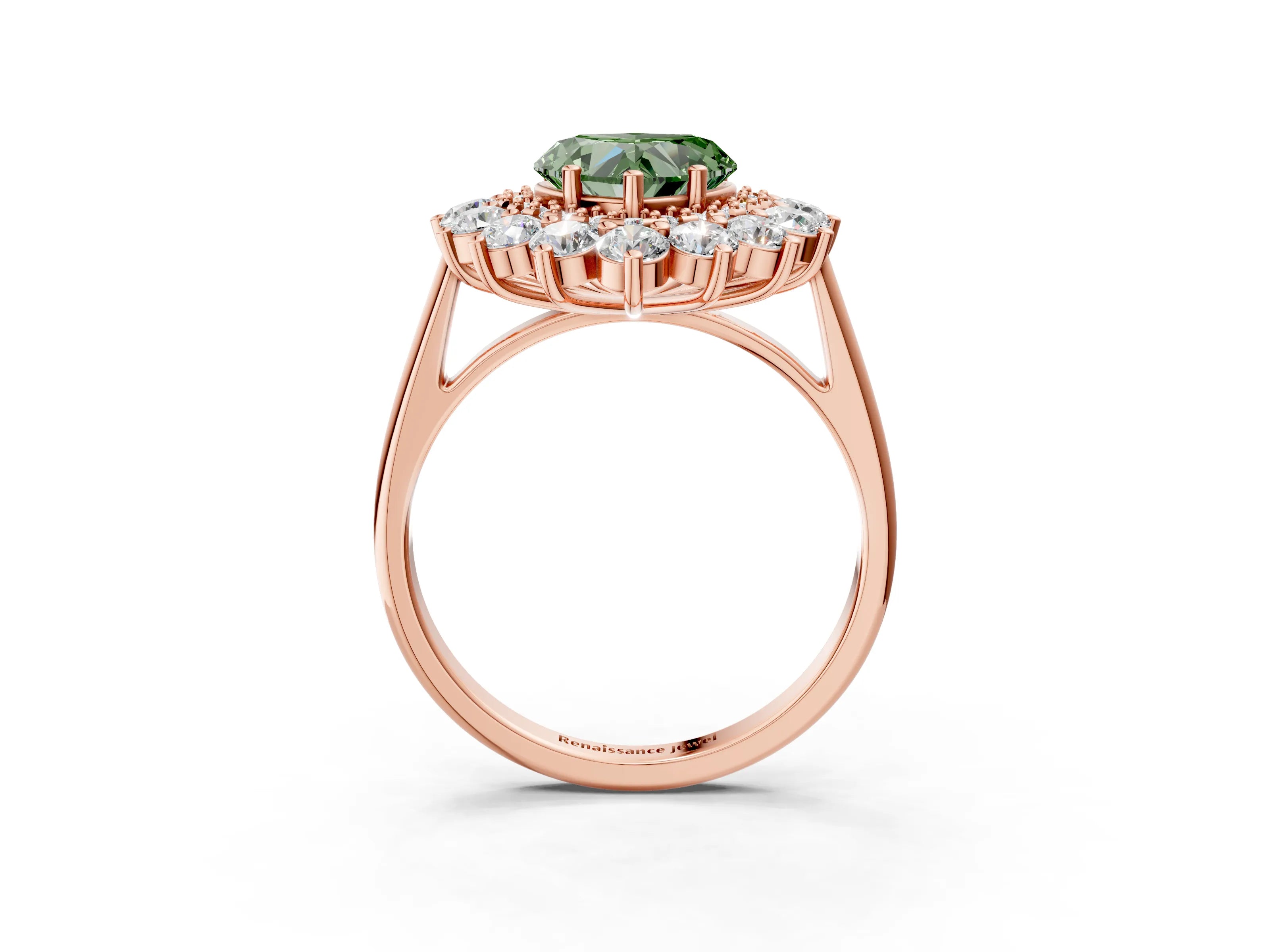 Rose gold Fancy Green Heart Cut Halo Cluster Diamond Ring with Pave Band and Four-Prong Setting_15