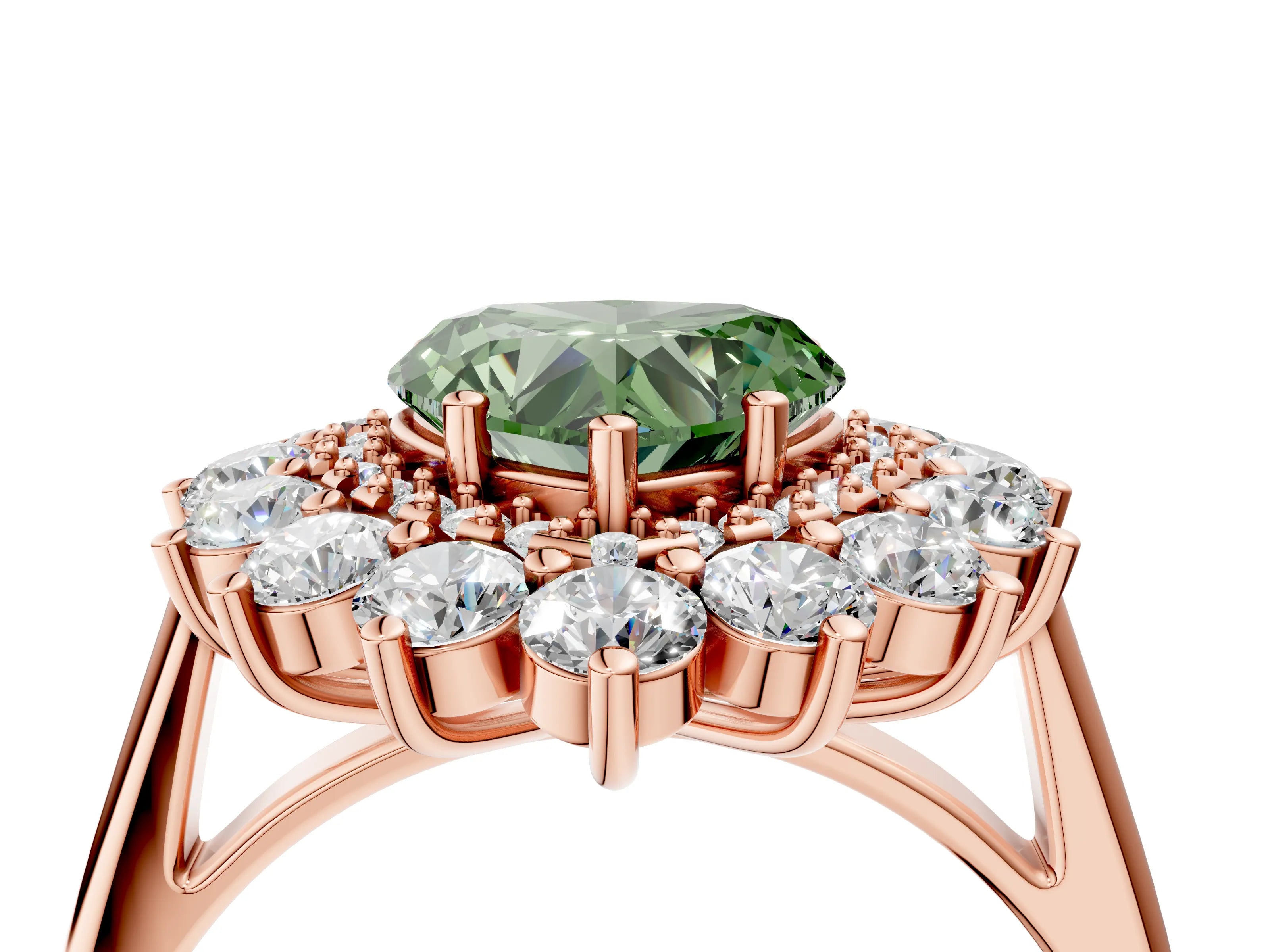 Rose gold Fancy Green Heart Cut Halo Cluster Diamond Ring with Pave Band and Four-Prong Setting_16