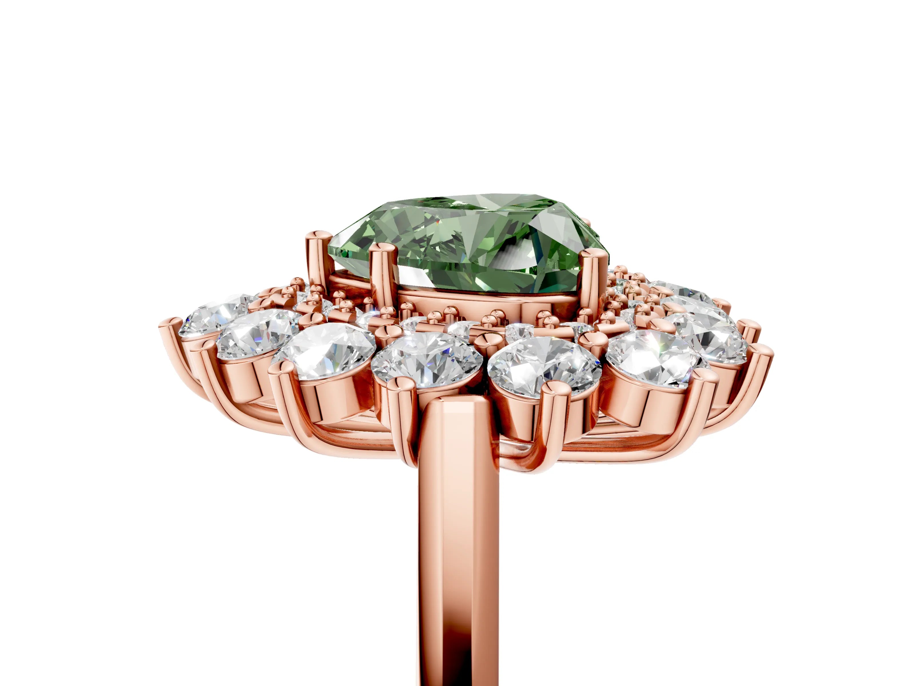 Rose gold Fancy Green Heart Cut Halo Cluster Diamond Ring with Pave Band and Four-Prong Setting_17