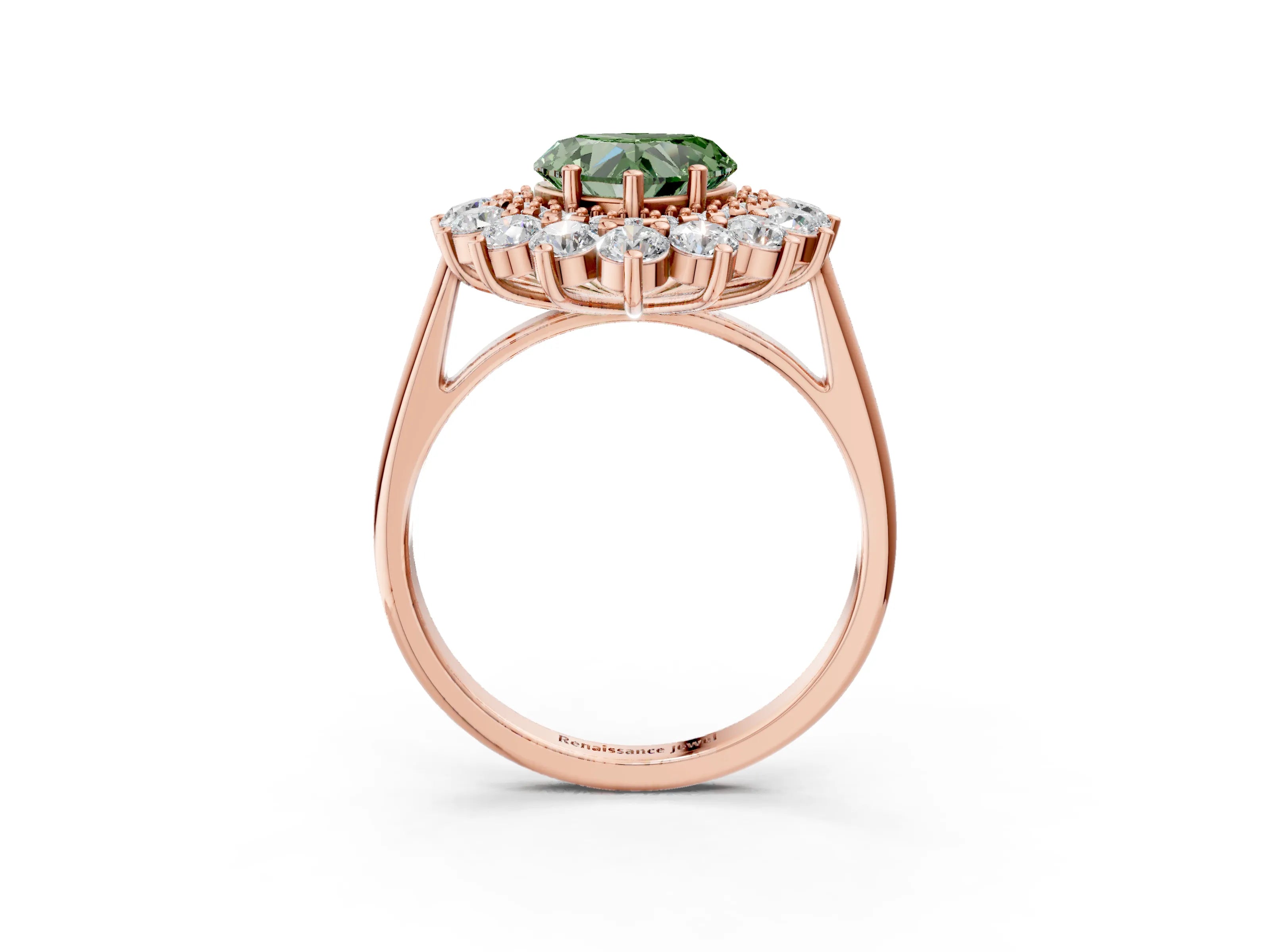 Rose gold Fancy Green Heart Cut Halo Cluster Diamond Ring with Pave Band and Four-Prong Setting_3