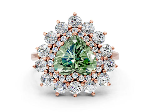 Rose gold Fancy Green Heart Cut Halo Cluster Diamond Ring with Pave Band and Four-Prong Setting