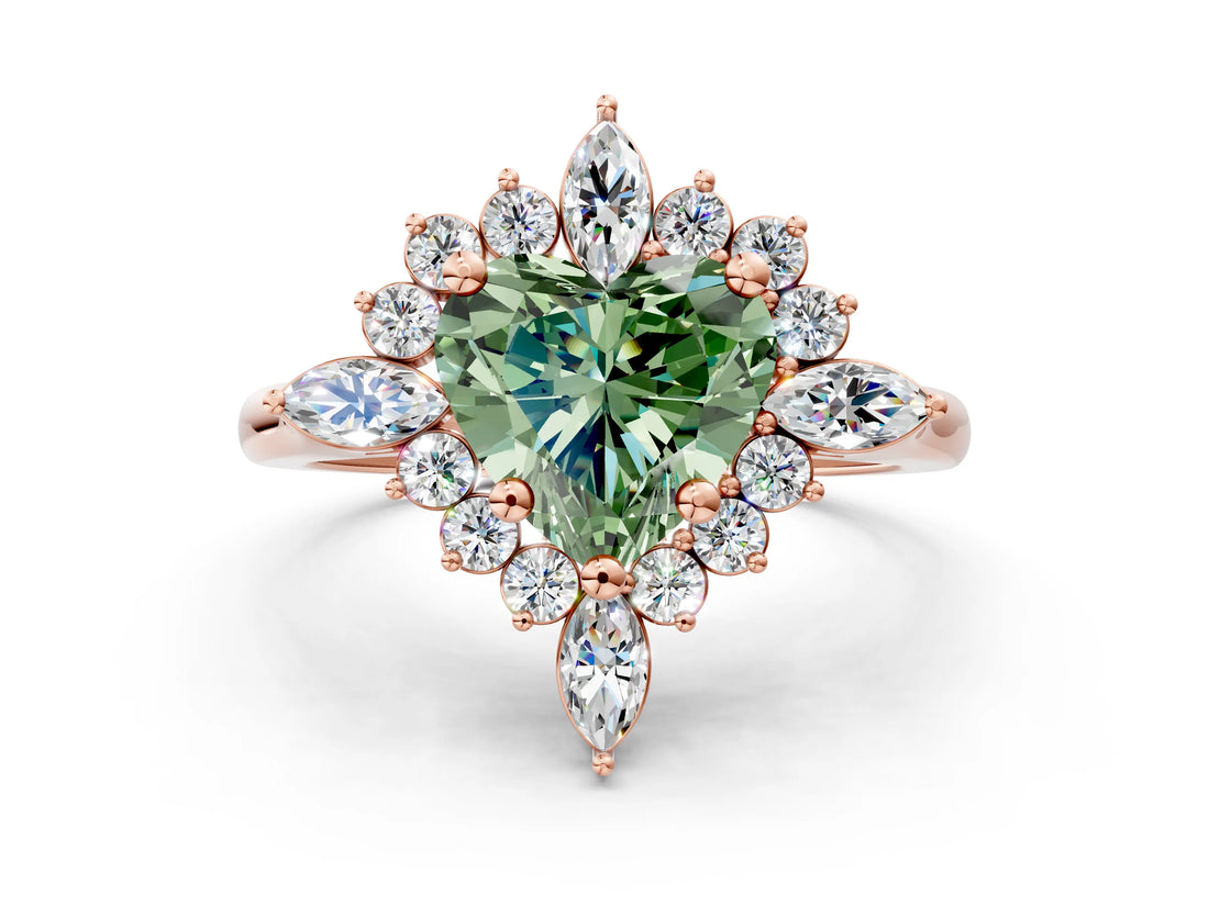 Rose gold Fancy Green Heart Cut Halo Diamond Cluster Ring with Marquise and Round Stones on a White Gold Band with Prong Setting