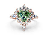 Rose gold Fancy Green Heart Cut Halo Diamond Cluster Ring with Marquise and Round Stones on a White Gold Band with Prong Setting