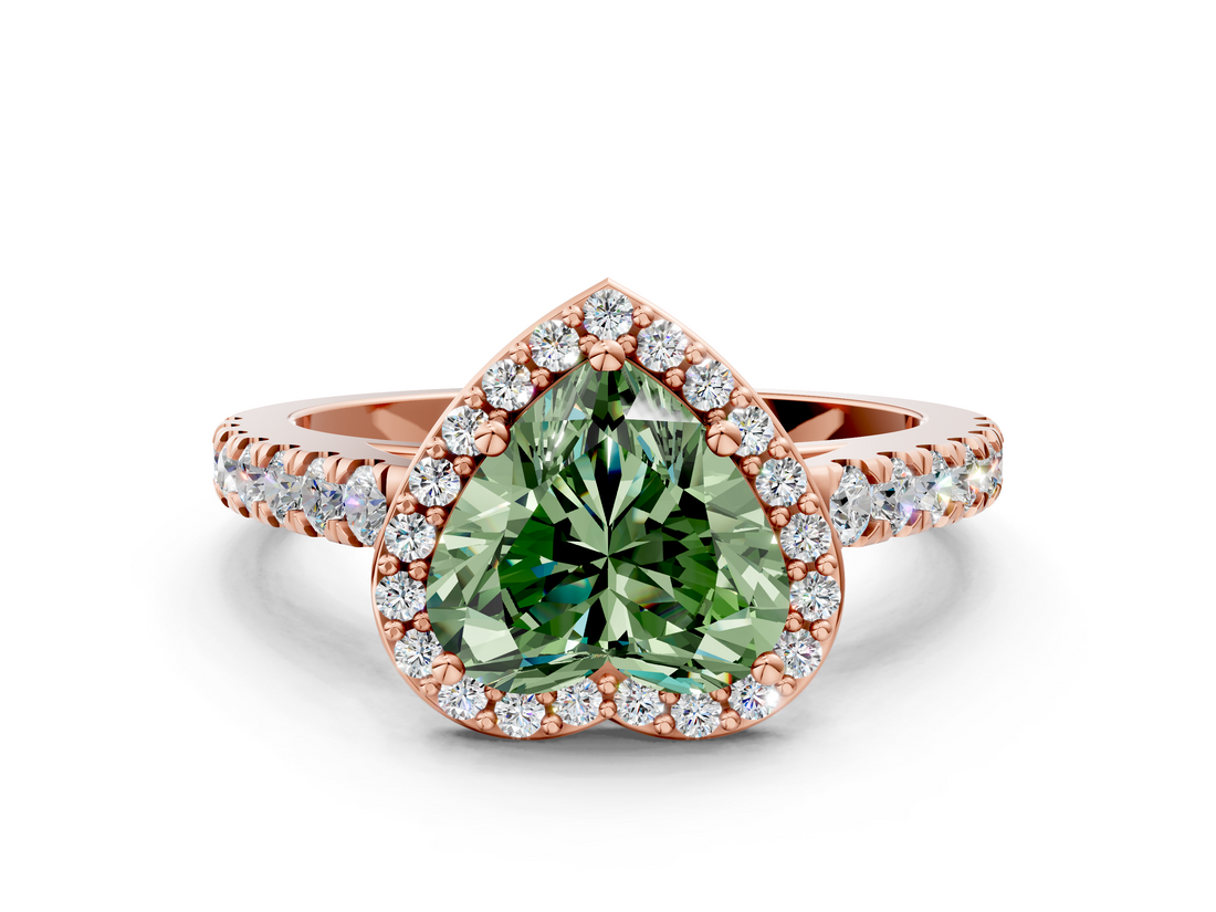 Rose gold Fancy Green Heart  Cut Halo Diamond Engagement Ring with Pave Band and Four-Prong Setting