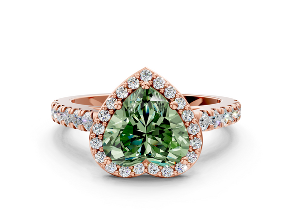 Rose gold Fancy Green Heart  Cut Halo Diamond Engagement Ring with Pave Band and Four-Prong Setting