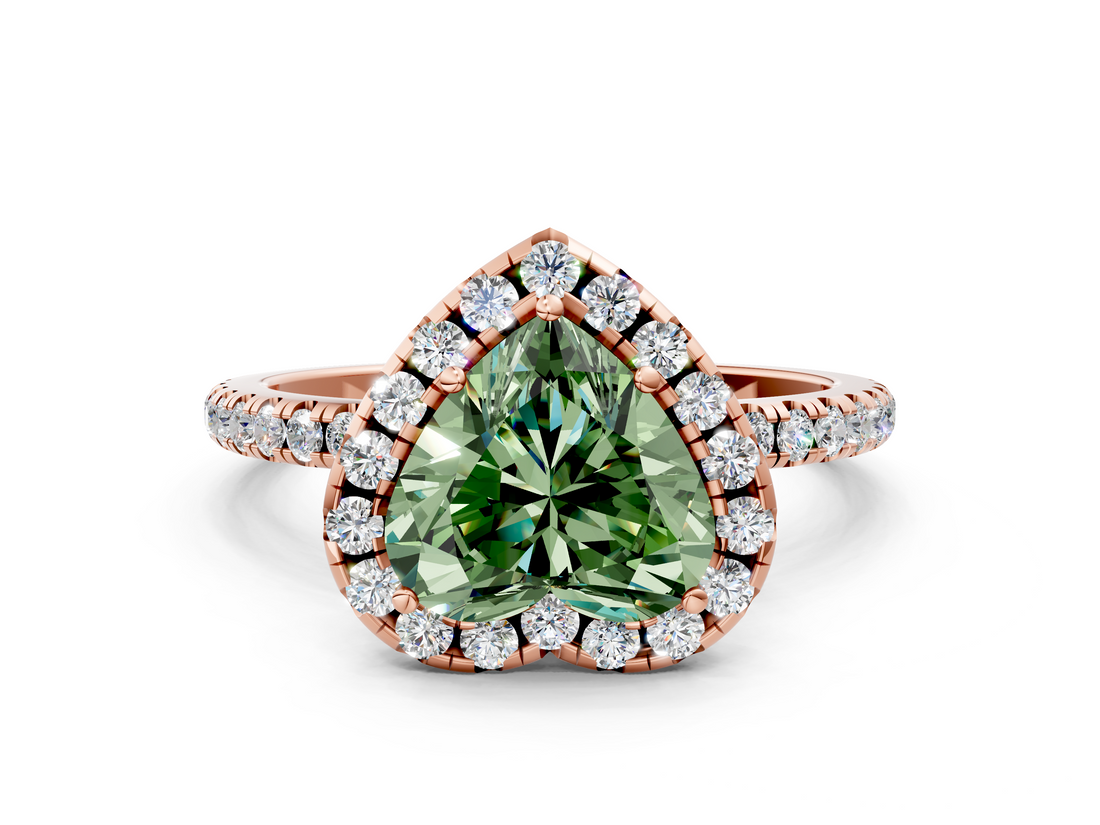 Rose gold Fancy Green Heart  Cut Halo Diamond Engagement Ring with Pave Band and Four-Prong Setting
