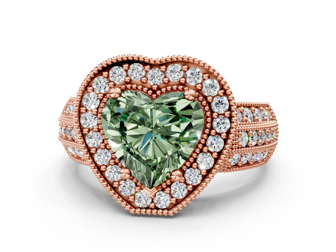 Rose gold Fancy Green Heart Cut Halo Diamond Engagement Ring with Pave Split Shank and Four-Prong Setting