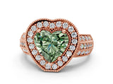 Rose gold Fancy Green Heart Cut Halo Diamond Engagement Ring with Pave Split Shank and Four-Prong Setting