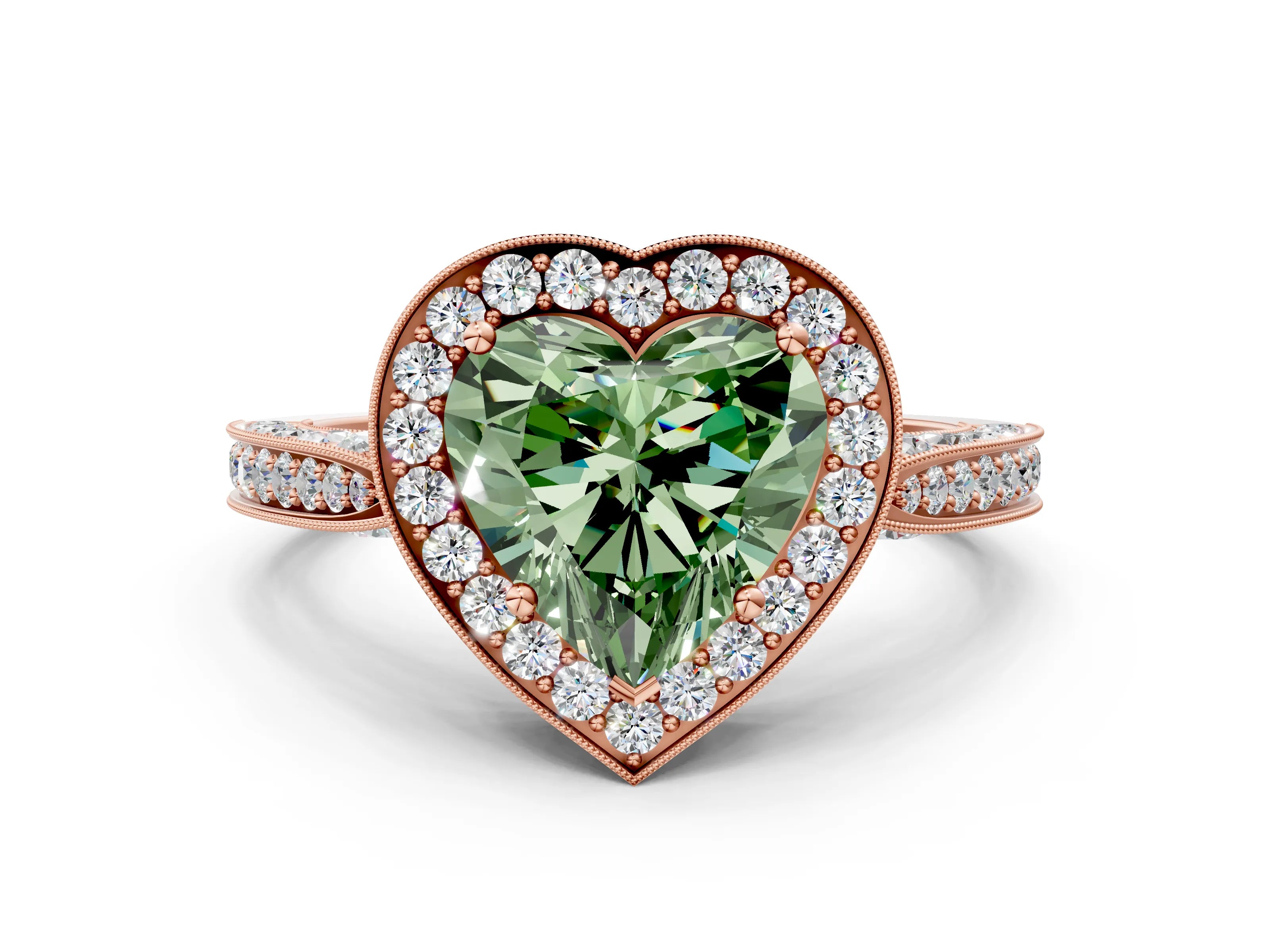 Rose gold Fancy Green Heart Cut Halo Diamond Engagement Ring with Split Shank Band and Four-Prong Setting