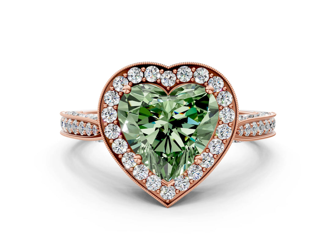 Rose gold Fancy Green Heart Cut Halo Diamond Engagement Ring with Split Shank Band and Four-Prong Setting