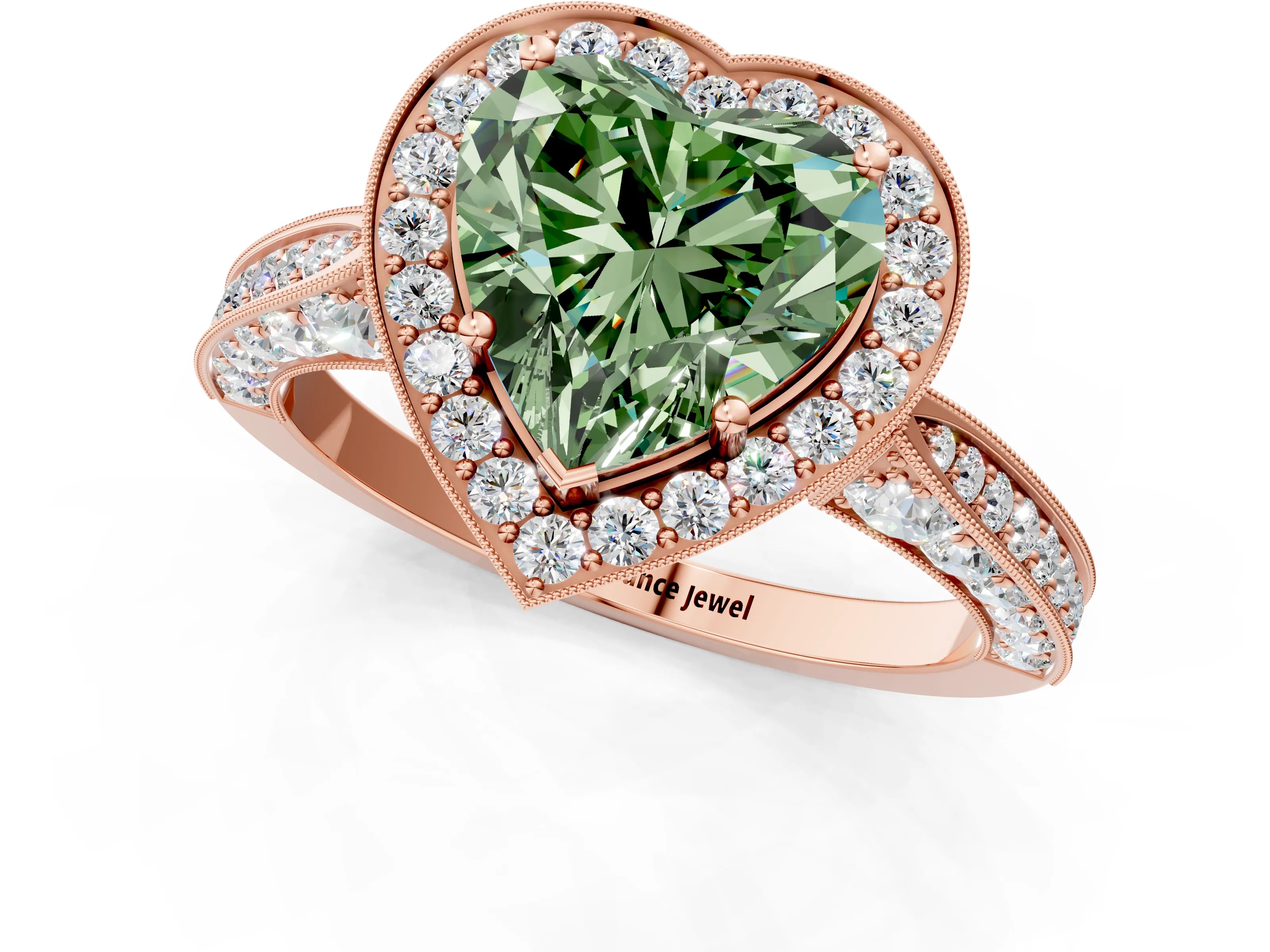 Rose gold Fancy Green Heart Cut Halo Diamond Engagement Ring with Split Shank Band and Four-Prong Setting_1