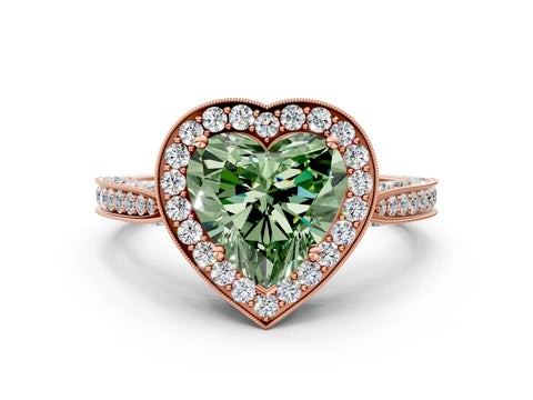 Rose gold Fancy Green Heart Cut Halo Diamond Engagement Ring with Split Shank Band and Four-Prong Setting