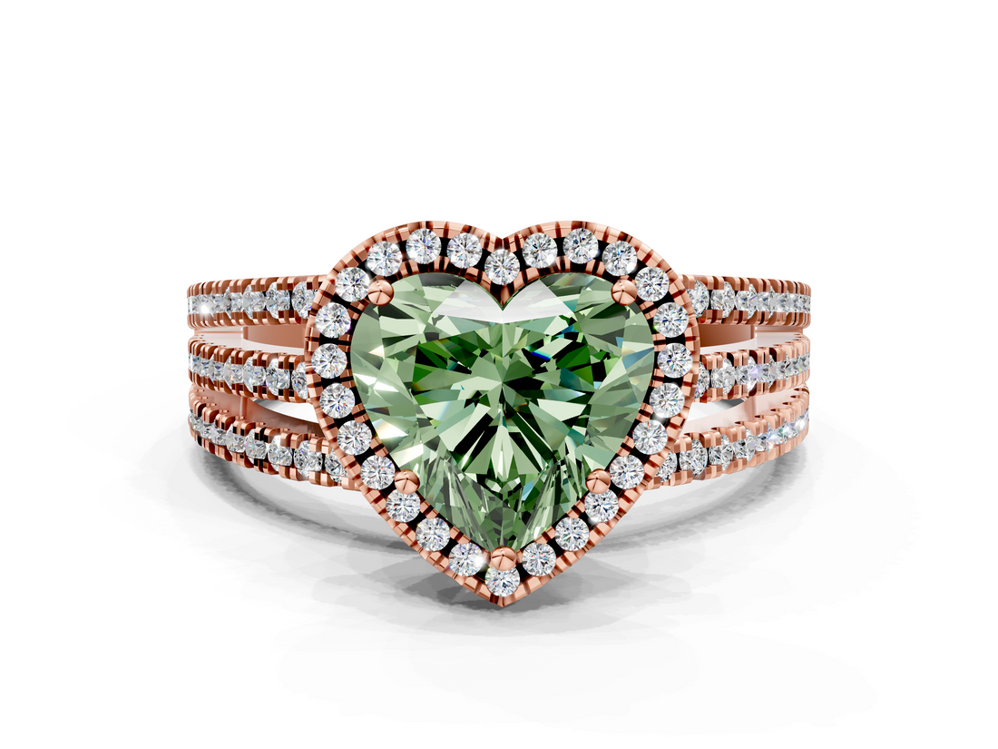 Rose gold Fancy Green Heart  Cut Halo Diamond Engagement Ring with Split Shank and Four-Prong Setting
