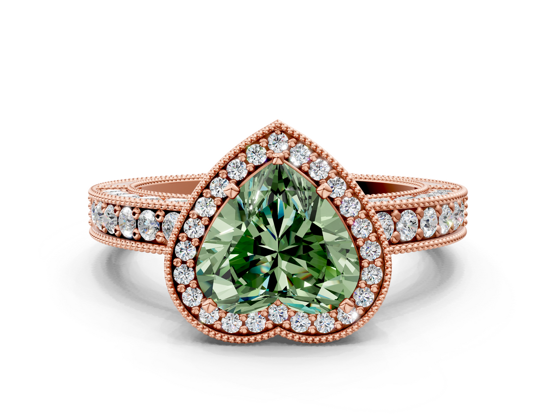 Rose gold Fancy Green Heart  Cut Halo Diamond Pave Band Ring with Four-Prong Setting