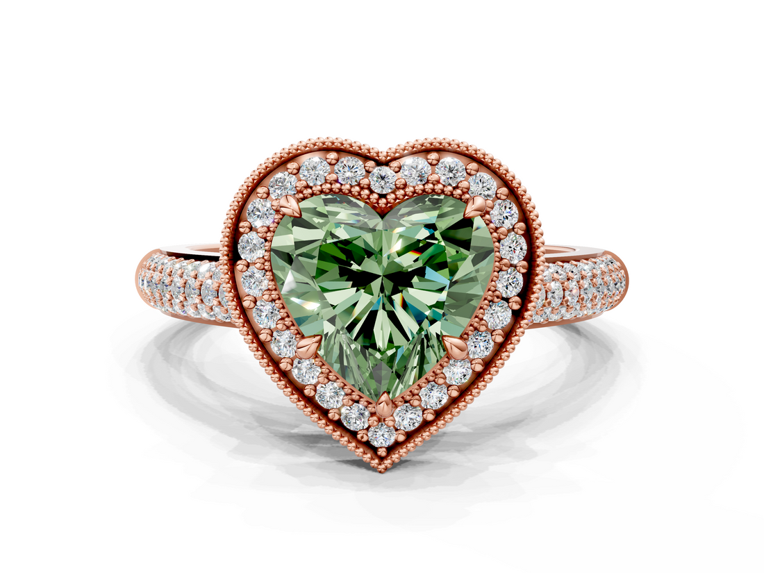 Rose gold Fancy Green Heart  Cut Halo Diamond Pave Band with Four-Prong Setting