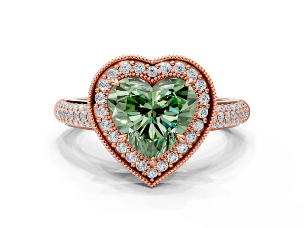 Rose gold Fancy Green Heart  Cut Halo Diamond Pave Band with Four-Prong Setting