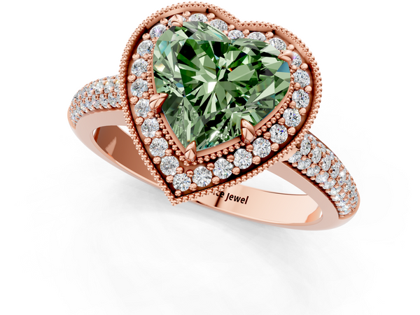 Rose gold Fancy Green Heart  Cut Halo Diamond Pave Band with Four-Prong Setting