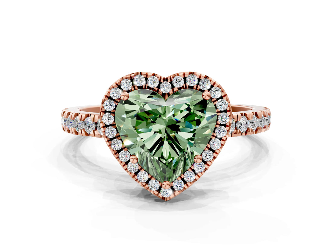 Rose gold Fancy Green Heart Cut Halo Diamond Pave Band with Prong Setting