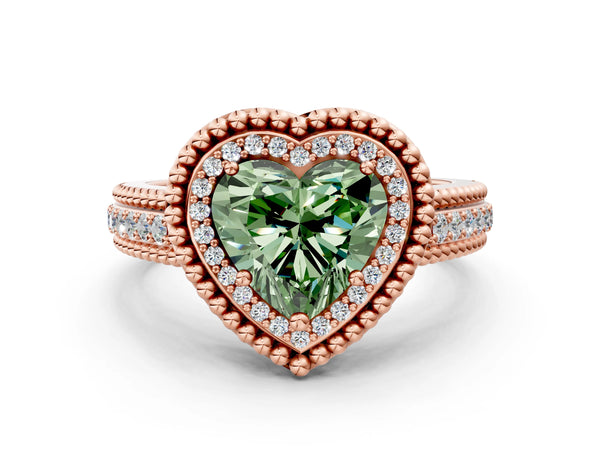 Rose Gold Heart-Shaped Beaded Halo Engagement Ring Setting for Fancy Green Center with Pave