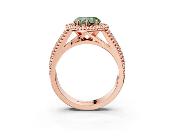 Rose Gold Heart-Shaped Beaded Halo Engagement Ring Setting for Fancy Green Center with Pave