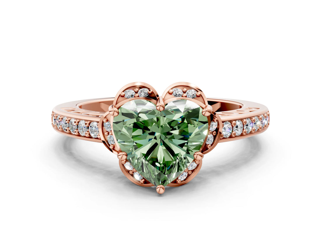 Rose gold Fancy Green Heart  Cut Halo Diamond Ring with Channel Set Band and Four-Prong Setting_30