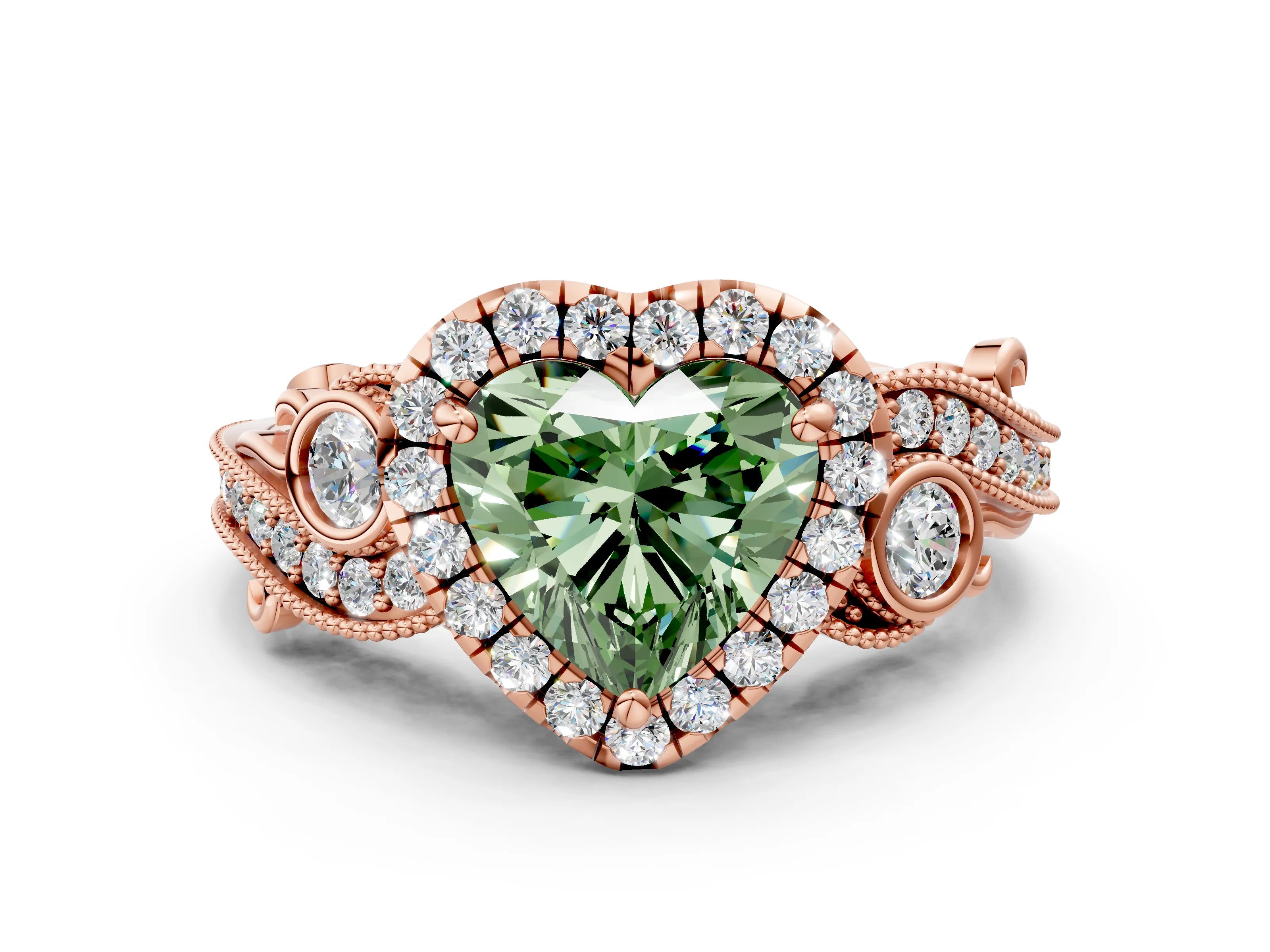 Rose gold Fancy Green Heart Cut Halo Diamond Ring with Milgrain and Bezel Accents on a Split Shank Band