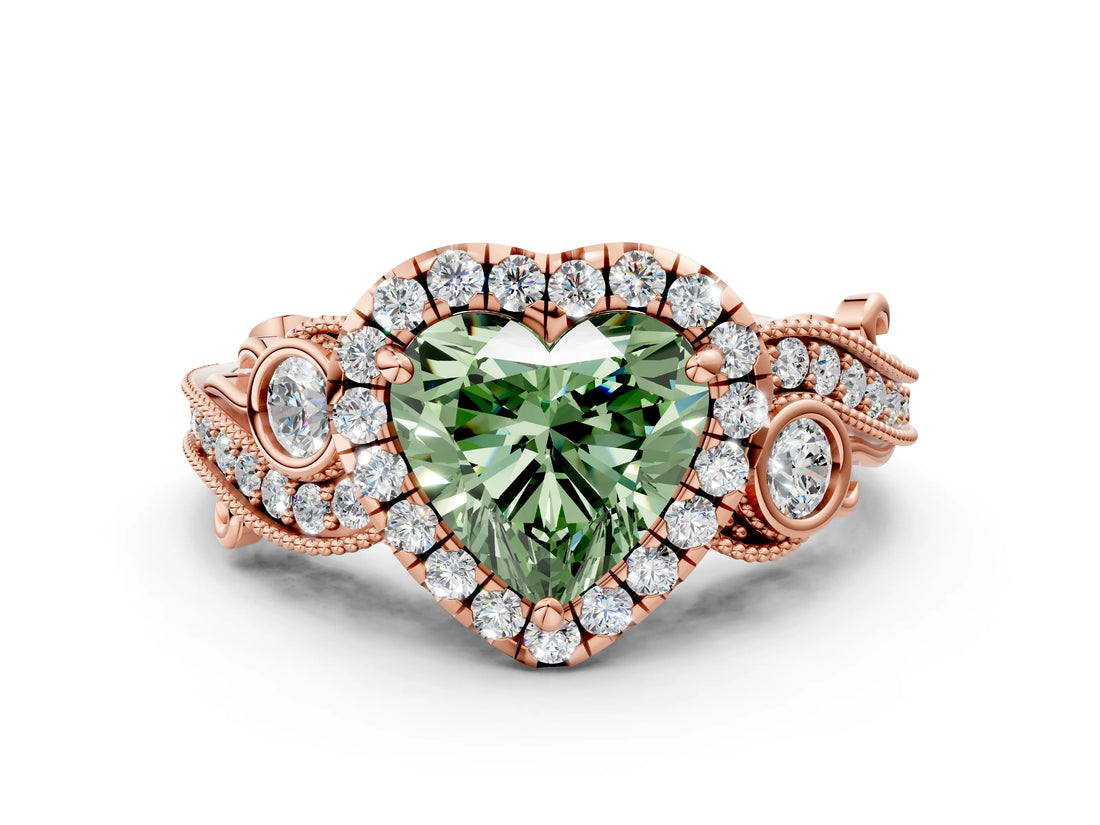 Rose gold Fancy Green Heart Cut Halo Diamond Ring with Milgrain and Bezel Accents on a Split Shank Band_12