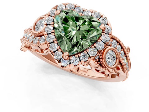 Rose gold Fancy Green Heart Cut Halo Diamond Ring with Milgrain and Bezel Accents on a Split Shank Band_1