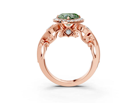 Rose gold Fancy Green Heart Cut Halo Diamond Ring with Milgrain and Bezel Accents on a Split Shank Band_3