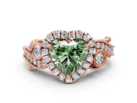 Rose gold Fancy Green Heart Cut Halo Diamond Ring with Milgrain and Bezel Accents on a Split Shank Band