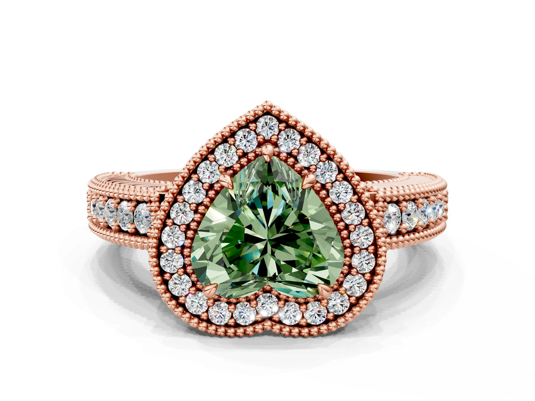Rose gold Fancy Green Heart  Cut Halo Diamond Ring with Pavé Band and Four-Prong Setting_27