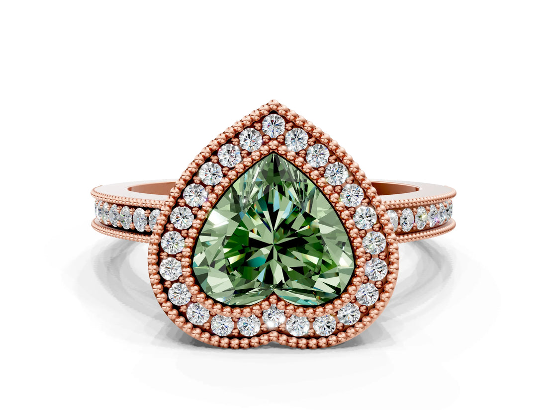 Rose gold Fancy Green Heart  Cut Halo Diamond Ring with Pavé Band and Milgrain Prong Setting_32