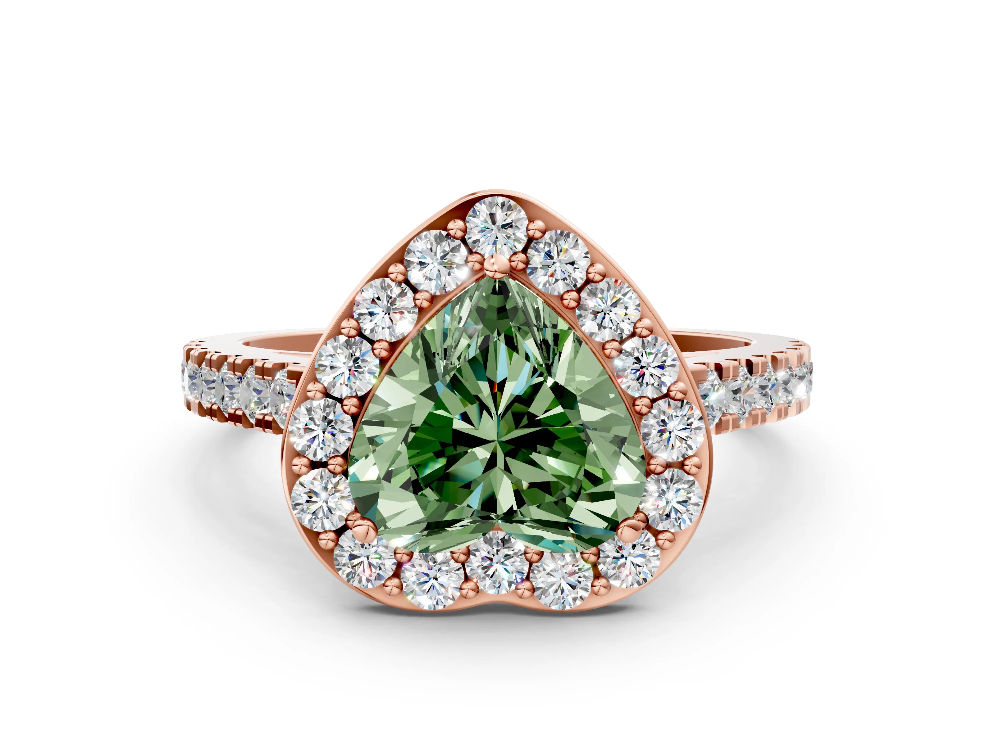 Rose gold Fancy Green Heart Cut Halo Diamond Ring with Pavé Band and Three-Prong Setting