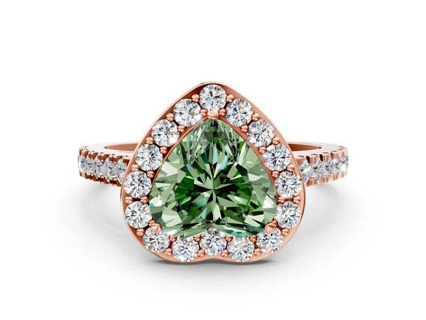 Rose gold Fancy Green Heart Cut Halo Diamond Ring with Pavé Band and Three-Prong Setting