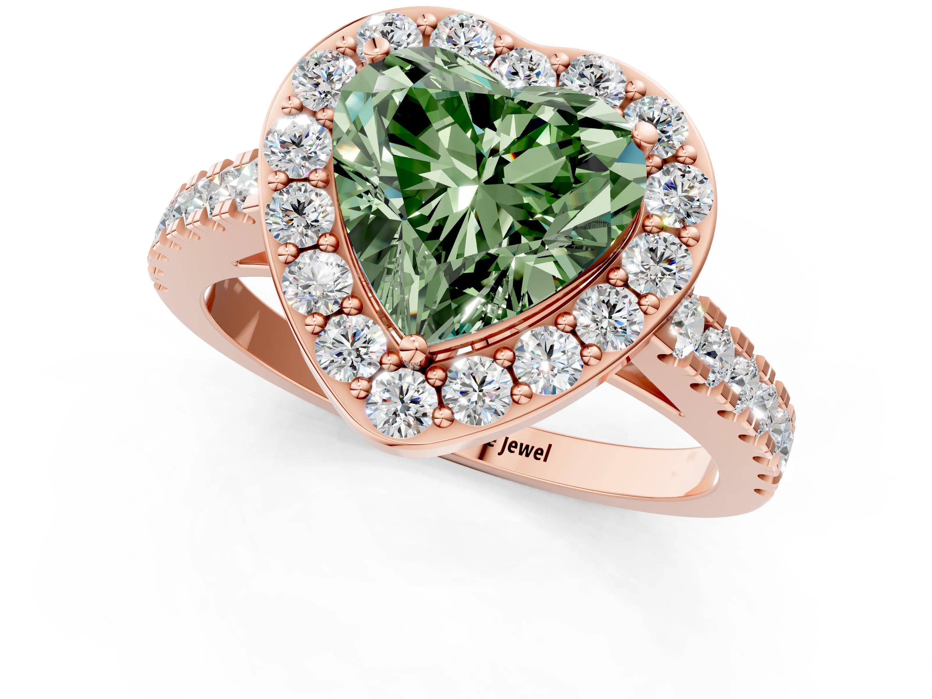 Rose gold Fancy Green Heart Cut Halo Diamond Ring with Pavé Band and Three-Prong Setting_1
