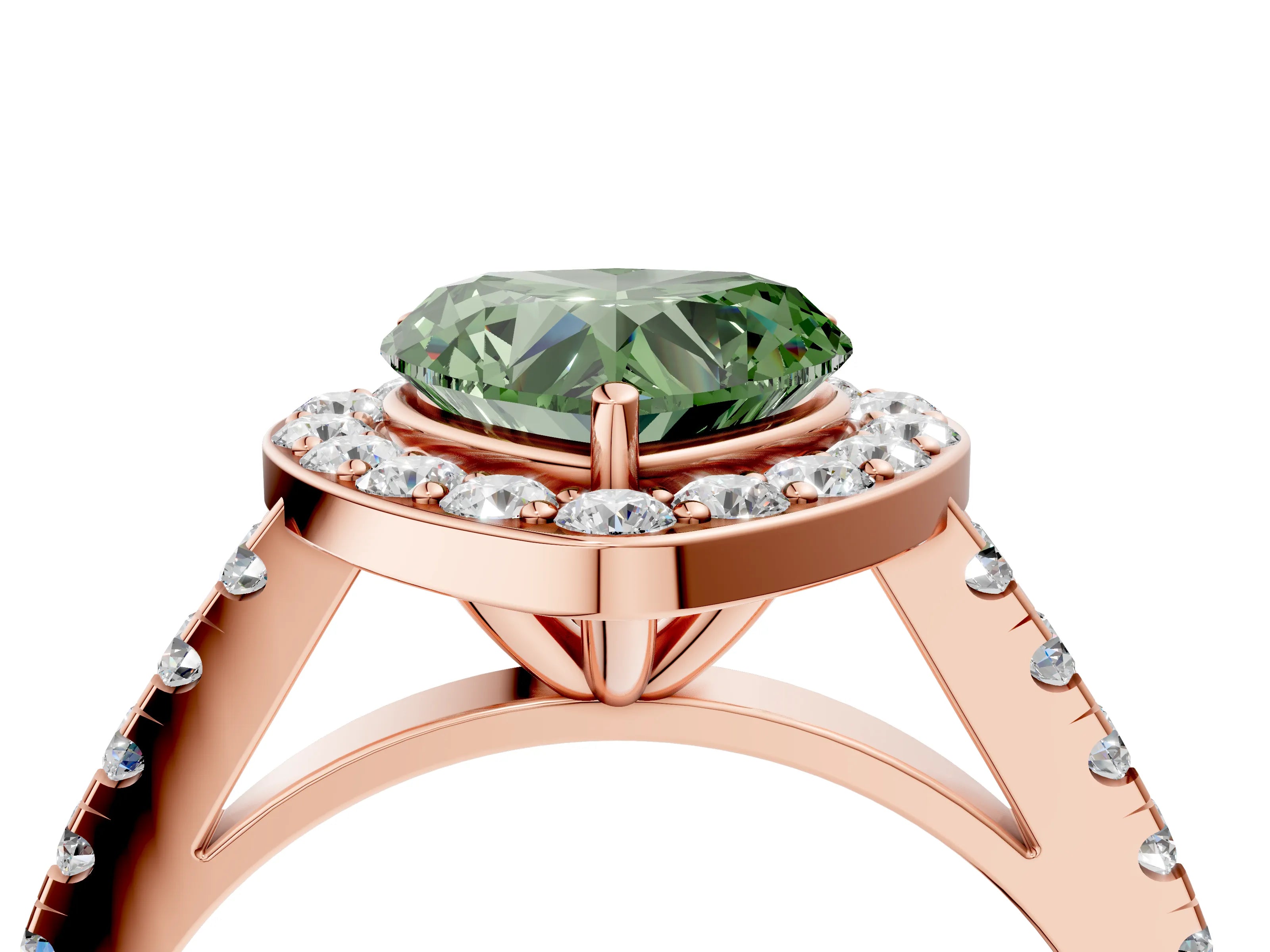 Rose gold Fancy Green Heart Cut Halo Diamond Ring with Pavé Band and Three-Prong Setting_4