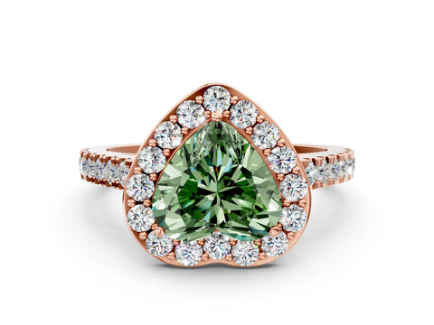 Rose gold Fancy Green Heart Cut Halo Diamond Ring with Pavé Band and Three-Prong Setting