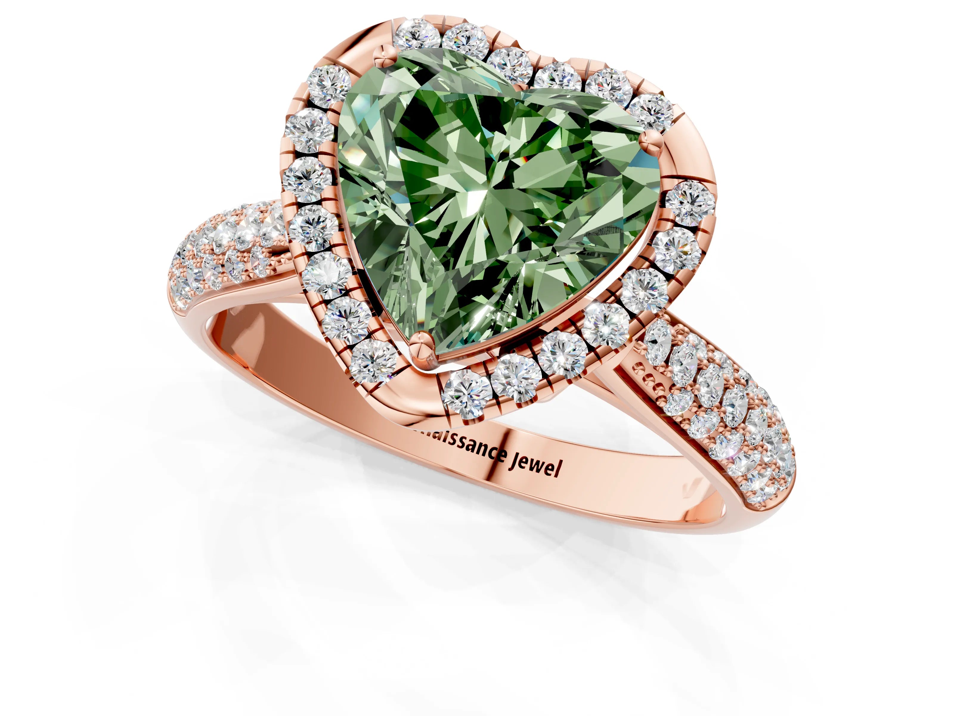Rose gold Fancy Green Heart Cut Halo Diamond Ring with Pavé Band_1