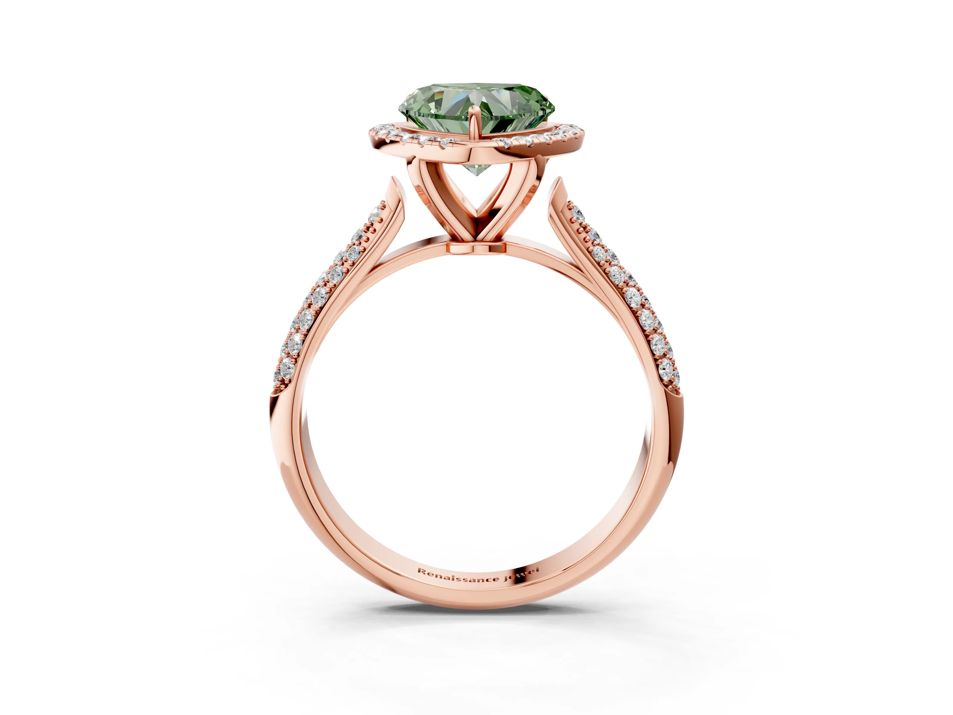 Rose gold Fancy Green Heart Cut Halo Diamond Ring with Pavé Band_3