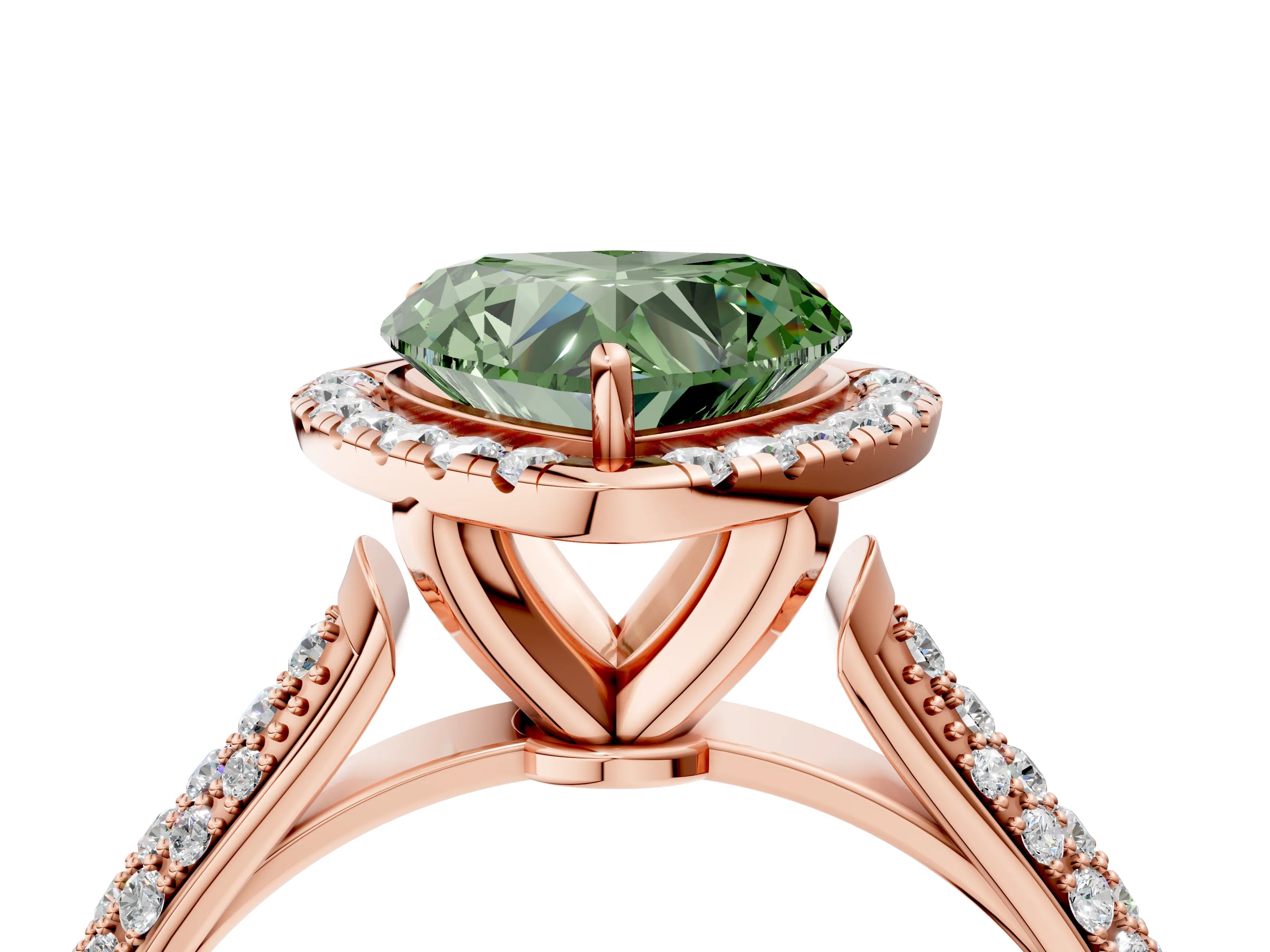 Rose gold Fancy Green Heart Cut Halo Diamond Ring with Pavé Band_4