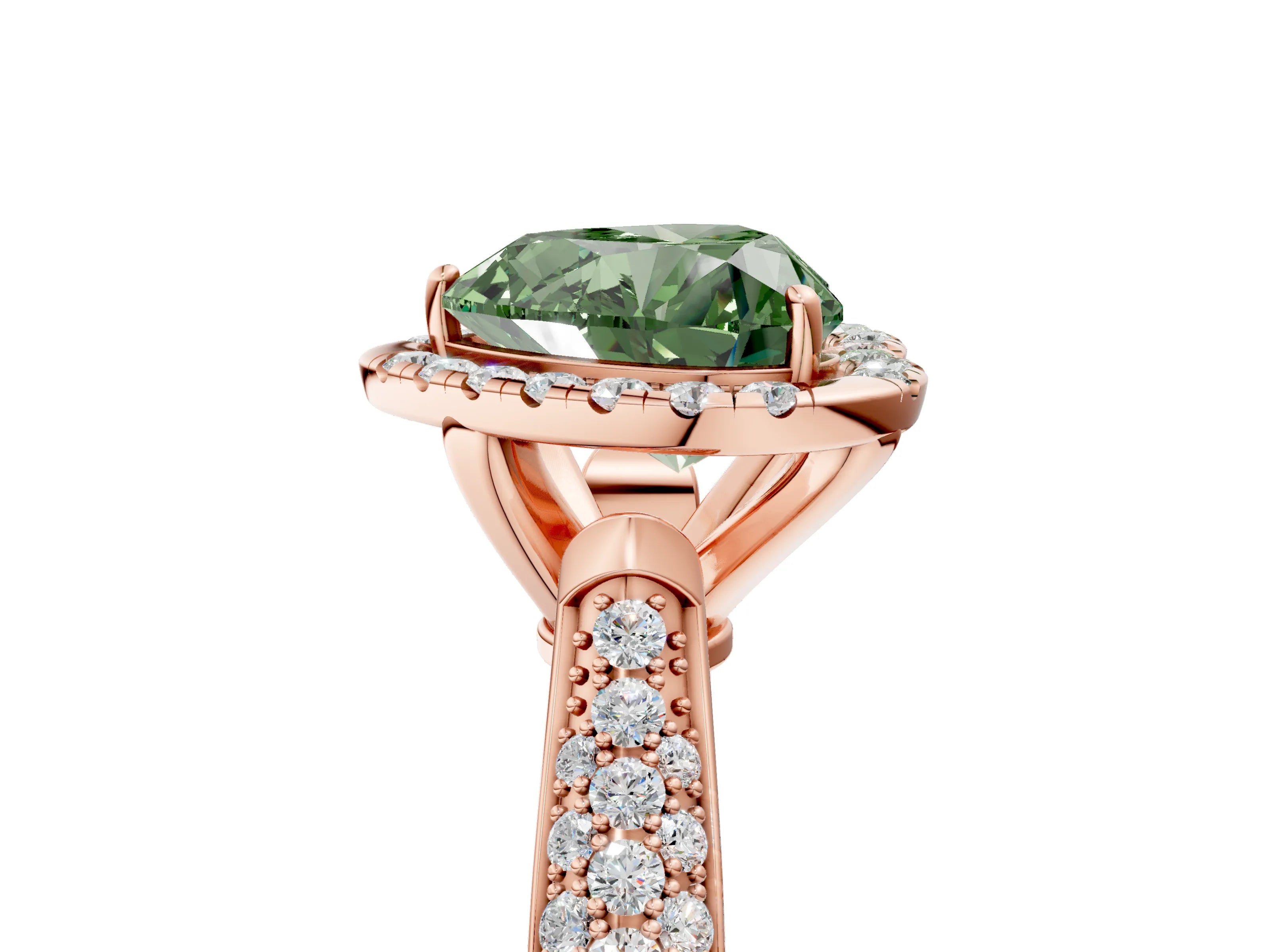 Rose gold Fancy Green Heart Cut Halo Diamond Ring with Pavé Band_5