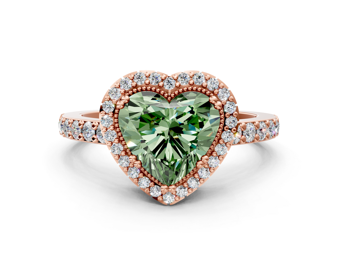 Rose gold Fancy Green Heart  Cut Halo Diamond Ring with Pave Band and Four-Prong Setting