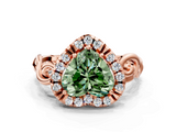 Rose gold Fancy Green Heart  Cut Halo Diamond Ring with Scrollwork Band and Four-Prong Setting