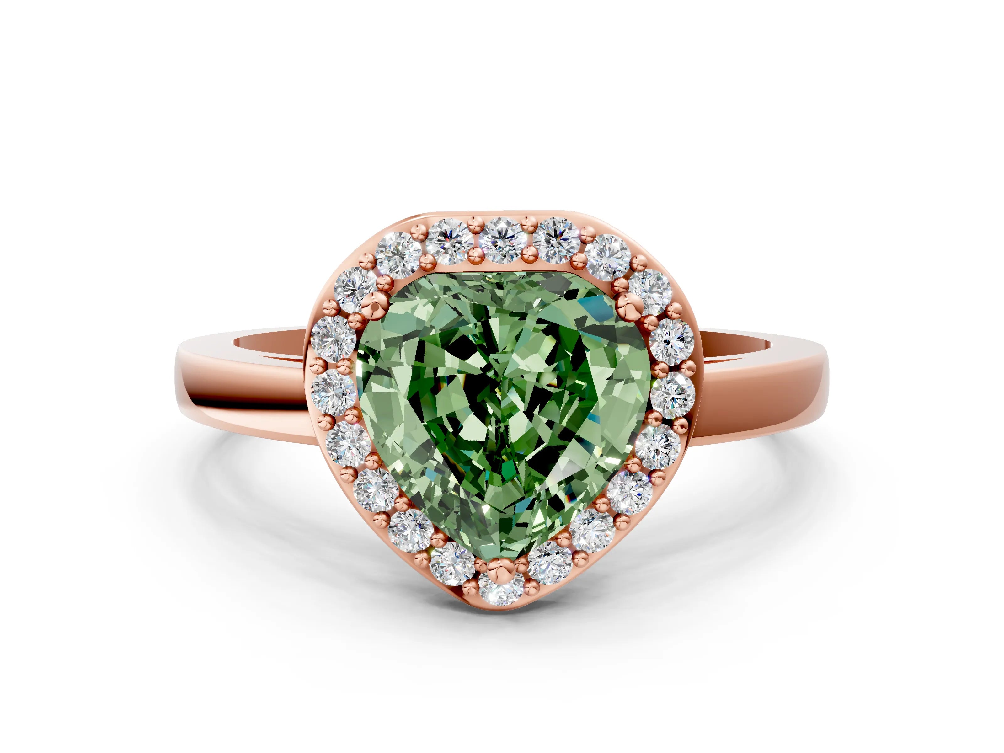 Rose gold Fancy Green Heart Cut Halo Diamond Ring with Solitaire Band and Prong Setting