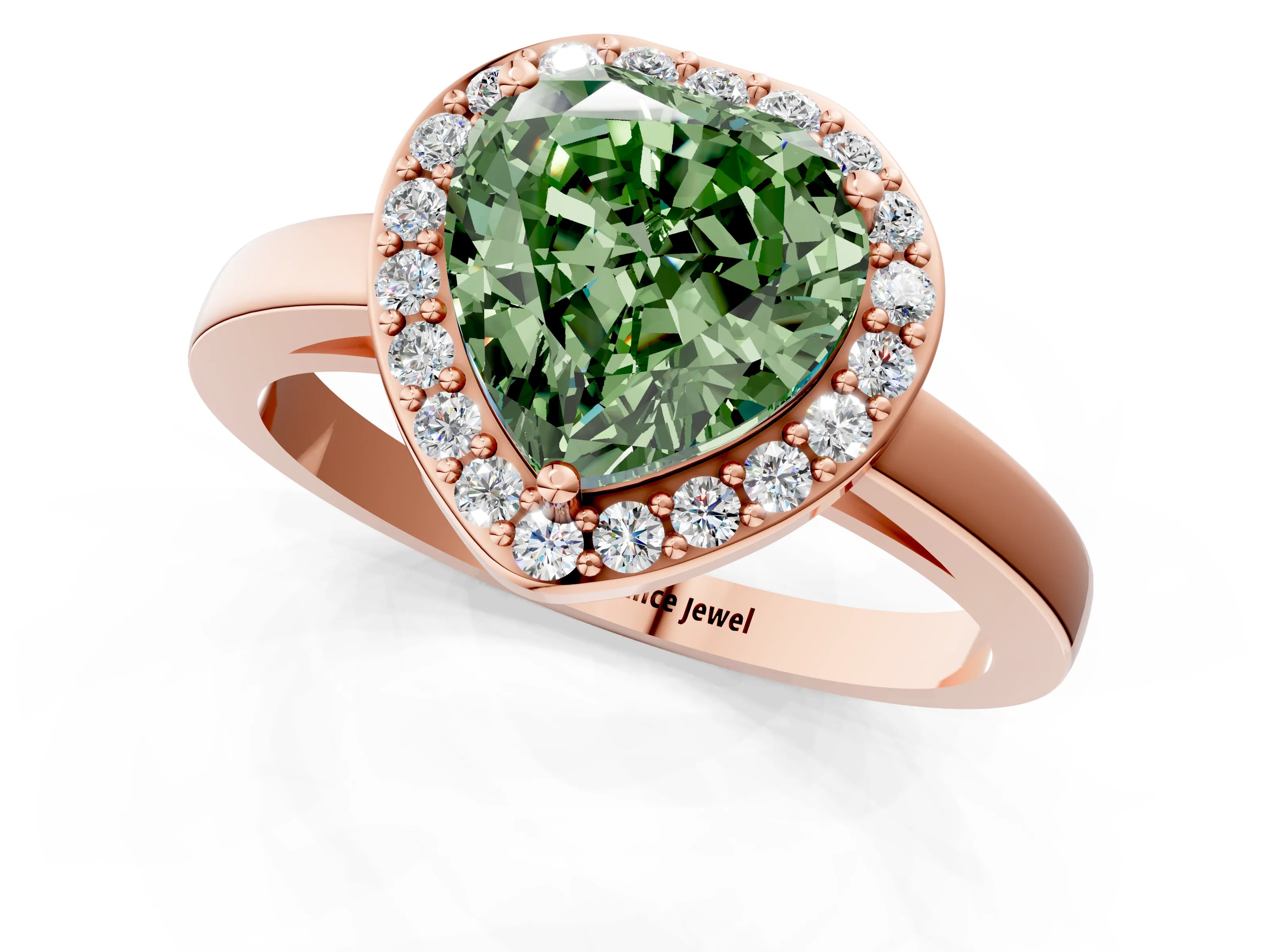 Rose gold Fancy Green Heart Cut Halo Diamond Ring with Solitaire Band and Prong Setting_1