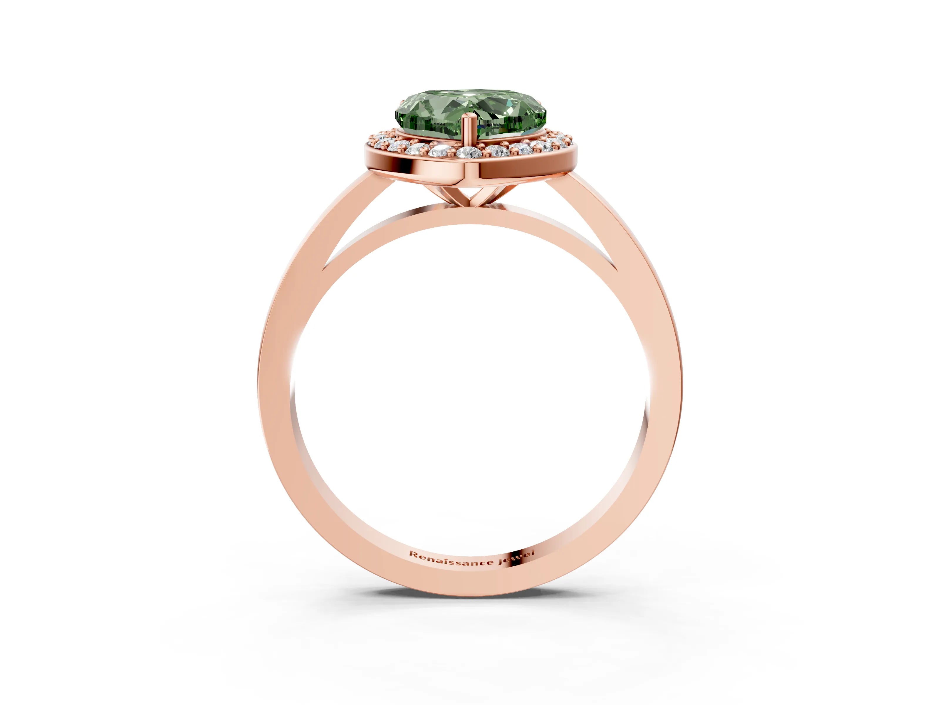 Rose gold Fancy Green Heart Cut Halo Diamond Ring with Solitaire Band and Prong Setting_3
