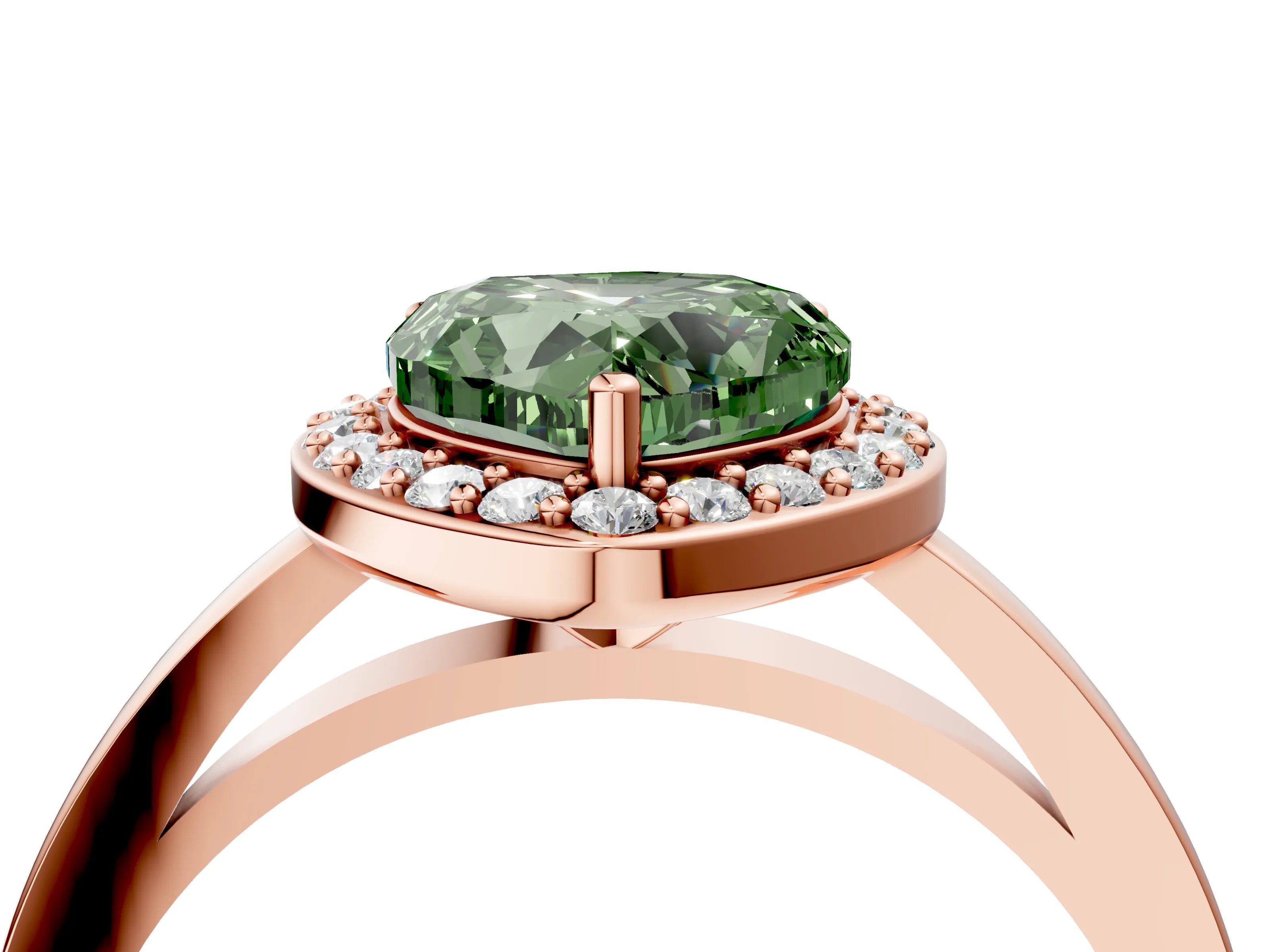 Rose gold Fancy Green Heart Cut Halo Diamond Ring with Solitaire Band and Prong Setting_4
