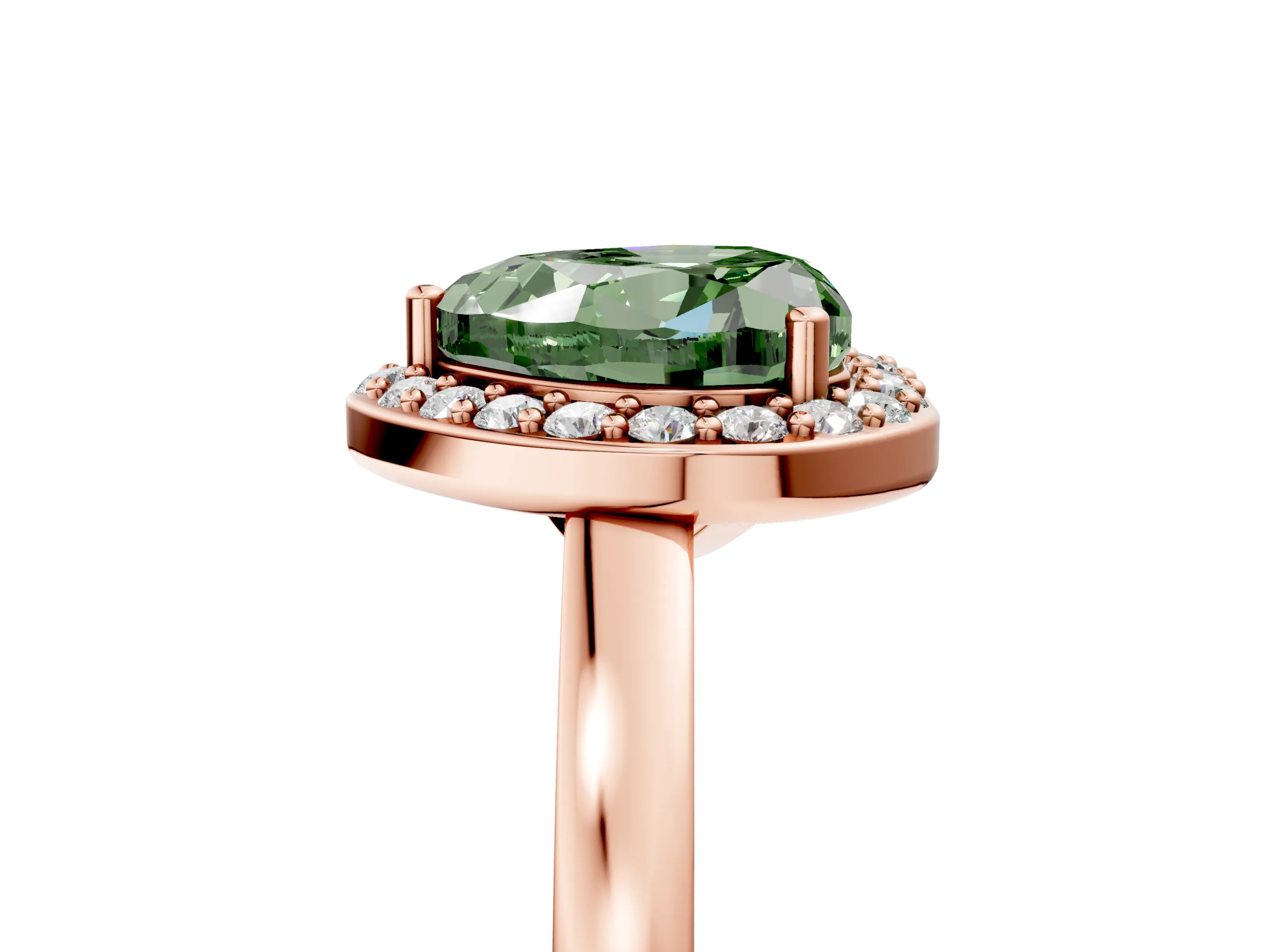 Rose gold Fancy Green Heart Cut Halo Diamond Ring with Solitaire Band and Prong Setting_5