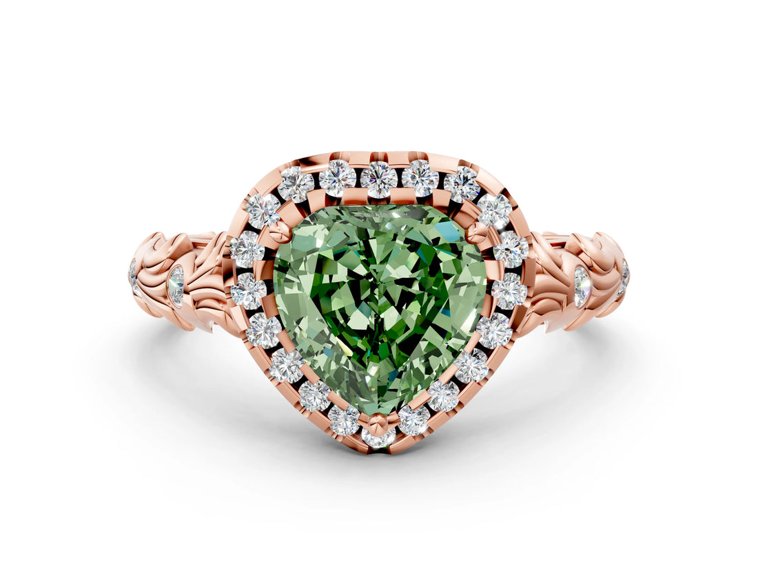 Rose gold Fancy Green Heart Cut Halo Diamond Solitaire with Filigree Band and Four-Prong Setting